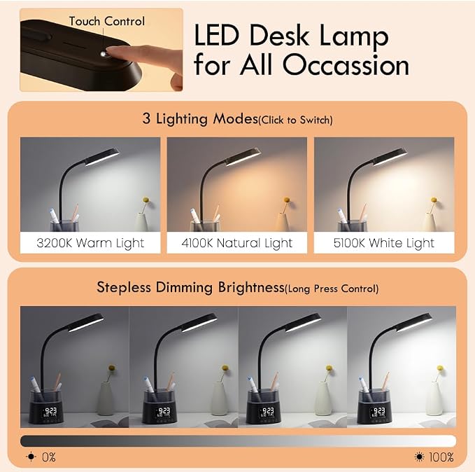 WILIT LED Desk Lamp, Dimmable Study Lamp for Home Office Accessories, Black | Table Lamp with Pen Holder & Clock, USB Charging Port, RGB Night Light, Bedroom & College Dorm Room Essentials for Boys Girls - Image 3