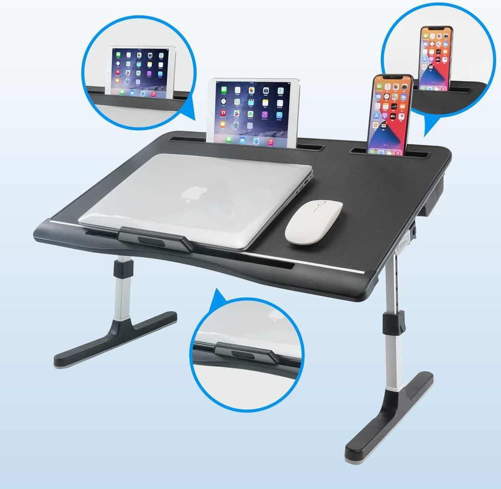KLEAR Laptop Bed Tray Table with PVC Leather Surface, 2 Drawers, Black, XL - Image 6