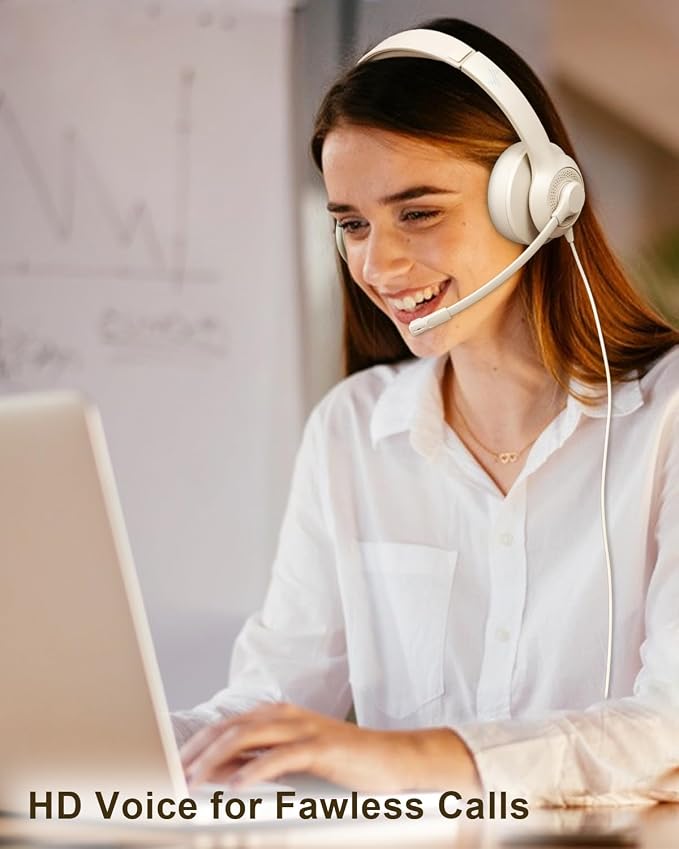 JIAMQISHI USB Headset with Microphone for PC, On-Ear Computer Laptop Headphones with Noise Cancelling Mic in-line Control for Home Office Online Class Zoom (USB+3.5mm, Apricot) - Image 6