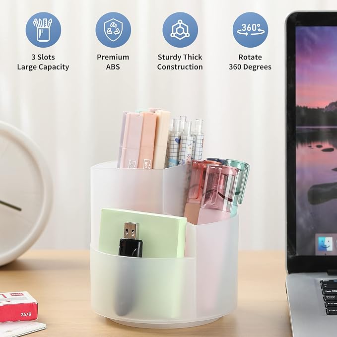 Desk Pencil Pen Holder, 3 Slots 360-Degree Spinning Organizers, Desktop Storage Stationery Supplies, Cute Cup Pot for Office, School, Art Supply, Kids - Clear - Image 2