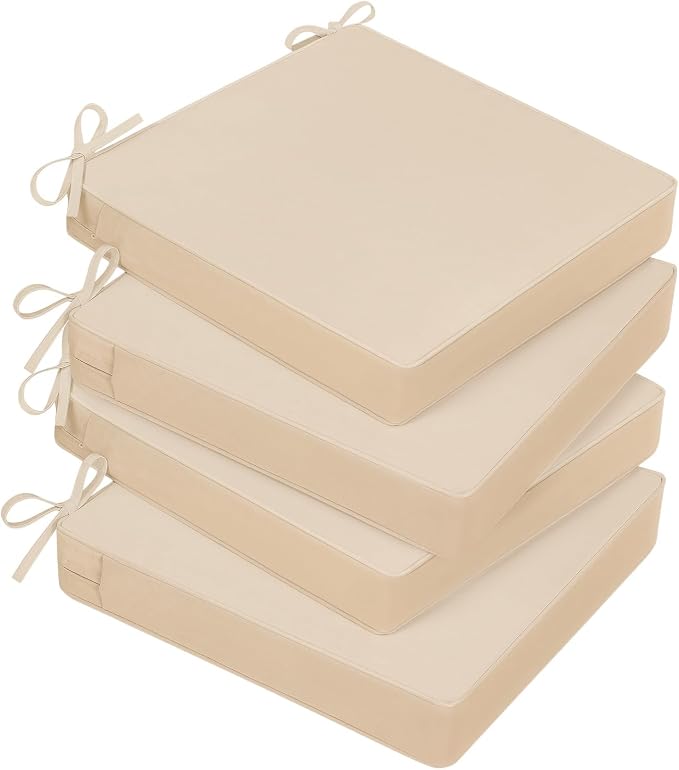 Basic Beyond Outdoor Chair Cushions for Patio Furniture, Waterproof Outdoor Seat Cushions Set of 4 19 x 19, Patio Chair Cushions Set of 4 with Ties and Handle, Beige White by BasicBeyond