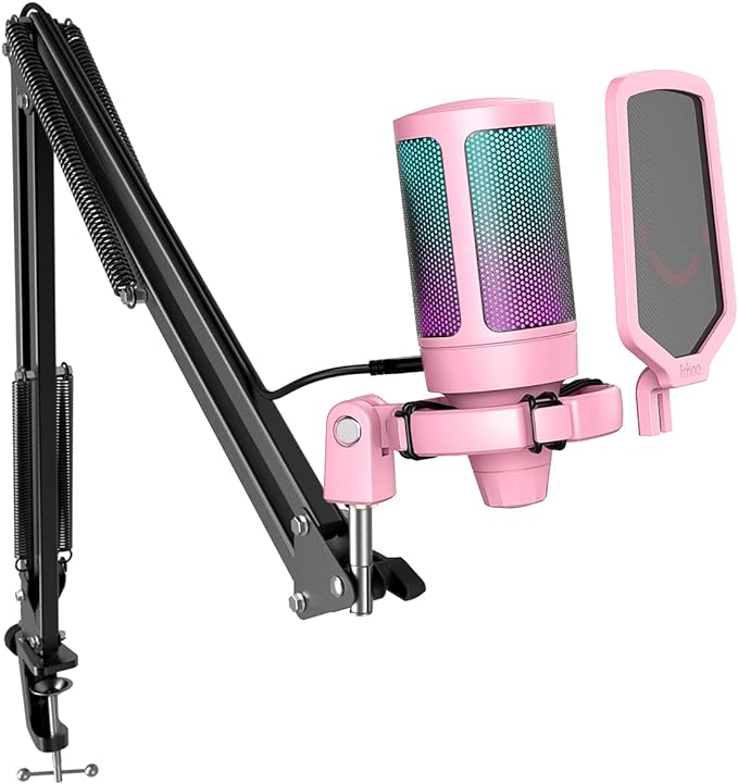 FIFINE A6T Pink Gaming USB Condenser Microphone Kit for Podcast Streaming | Mute Button, RGB Indicator, Gain Control, Boom Arm & Pop Filter, for PC/PS5/Mac Streaming Discord Twitch Podcasts by FIFINE