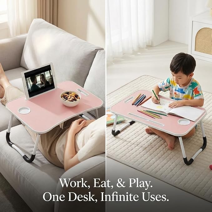 BUYIFY 23" Foldable Lap Desk for Laptop Writing w/Cup Holder Pink | Sturdy and Durable, Laptop Bed Desk with Tablet Slot, No Assembly, Space Saving for Bed Couch Dorm WFH Students - Image 6