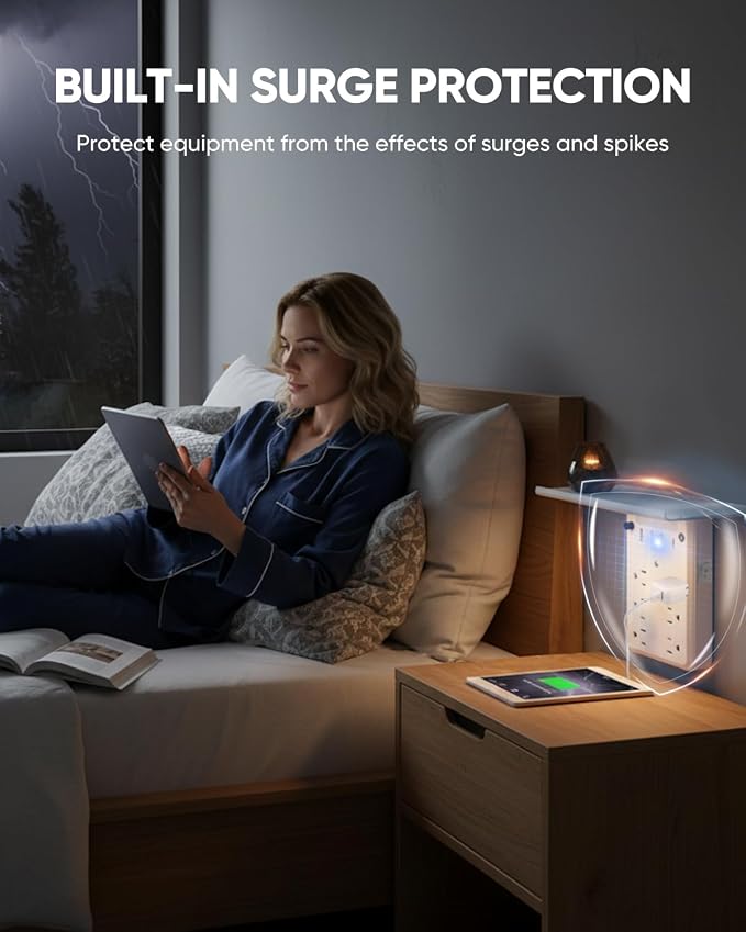 Saker Outlet Extender with Night Light, 6 AC, 4 USB, Surge Protector | 6 AC Outlets + 4 USB Ports, Built-In Night Light, Surge Protection, Convenient Outlet Shelf, 1 USB-C Fast Charging Port - Image 3
