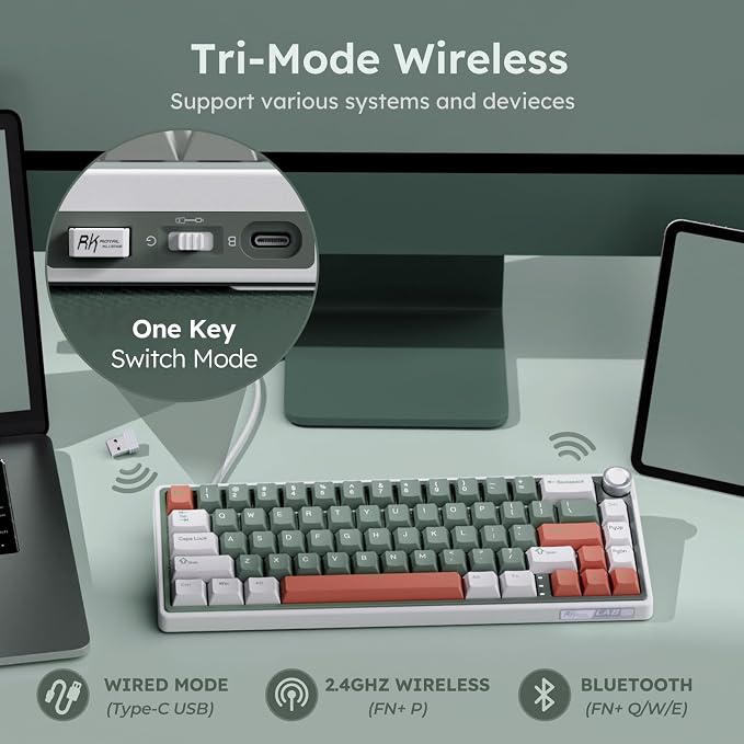 RK ROYAL KLUDGE R65 Wireless Mechanical Keyboard, 60% Keyboard with Knob | Tri-Mode 2.4G/USB-C/Bluetooth, QMK/VIA Custom Keyboard with 66 Keys and CNC Metal Knob, Hot Swappable, Cream Switch, Green - Image 4