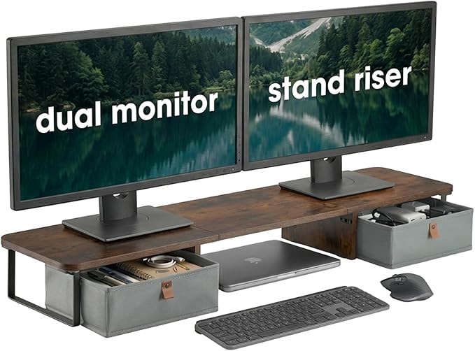 DuoStand Plus - 39” Dual Monitor Riser for Desk with 2 Drawers - Wood & Steel Double Monitor Stand with Storage - Desk Organizer Shelf for Desktop Computer, Laptop, TV & Printer (Rustic Wood) by Deskello