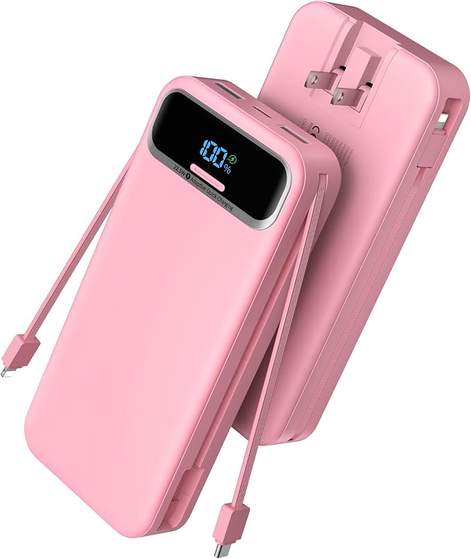 Nusyddy Portable Charger 20000mAh Fast Charging w/Built-in Wall Plug Pink | 22.5W Fast Charging, High Capacity, LED Display, Charge 5 Devices at once, TSA Approved, Compatible with iPhone/Samsung by NUSYDDY
