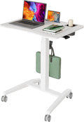 27" Mobile Rolling Standing Desk with Lockable Wheels, White | Small Laptop Cart Height Adjustable with Cup Holder, Slot, Hook, Portable Pneumatic Teacher Rising Workstation for Classroom by GIBBONMOUNTS