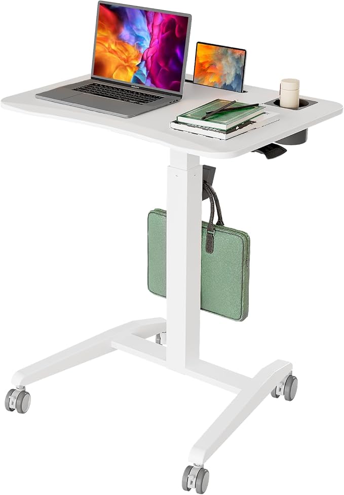 27" Mobile Rolling Standing Desk with Lockable Wheels, White | Small Laptop Cart Height Adjustable with Cup Holder, Slot, Hook, Portable Pneumatic Teacher Rising Workstation for Classroom by GIBBONMOUNTS