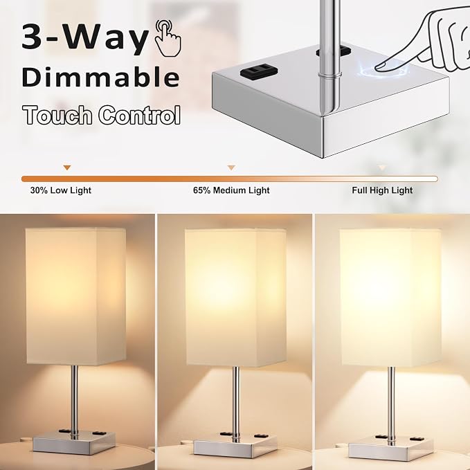 17.4" White Touch Table Lamp for Bedroom - Dimmable, USB C+A, 2 AC Outlets | 3-Way Dimming, 3000K Bulb Included, Square White Lampshade and Silver Base, Desk Lamp for Nightstand, Living Room, Dorm - Image 2