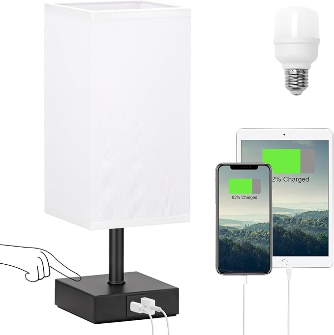 Touch Table Lamp for Bedroom - Dimmable, USB C+A, White Lamphade Black Base | 3-Way Dimmable, 3000K LED Bulb Included, Square Lampshade, Cute Room Decor for Teen Girls, Kids, Small Lamp for Dorm, Nursery by Ambimall