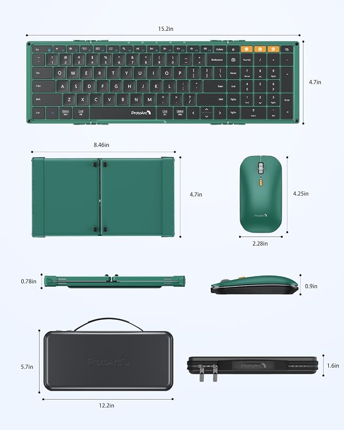 ProtoArc XKM01 Full-Size Foldable Keyboard Mouse Combo for Travel - Green | 105-key keyboard, slim mouse, hard case and phone stand; 3-device Bluetooth & 2.4G switching, for travel office use - Image 9