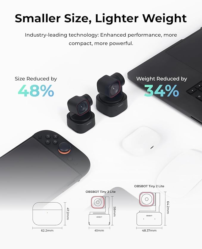 OBSBOT Tiny 3 Lite AI-Powered Spatial Audio 4K Webcam, W Mini Tripod | 1/2" CMOS 4K@30fps HDR 1080p@120fps Tri-Mic Spatial Audio Voice/Gesture Control for Streaming, Gaming, Meeting - Image 2