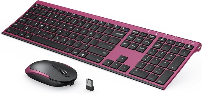 Vssoplor Wireless Keyboard and Mouse, Rechargeable Ultra Slim, Wine Red | Quiet Full-Size Keyboard and Mouse Combo Set, for Laptop, PC, Notebook, Desktop, 2.4GHz Stable Connection, Ideal for Office by VssoPlorWirelesskeyboardMouse