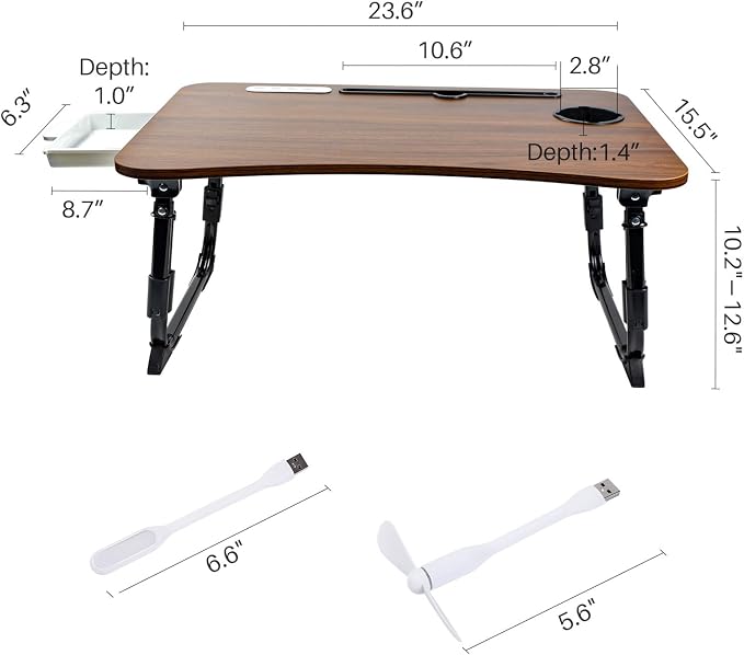 Laptop Desk for Bed, Height Adjustable Laptop Bed Table, Foldable Portable Lap Desk Stand with USB/Storage Drawer/Cup Holder/Slot, Breakfast Tray for Working Reading Writing Eating - Image 5