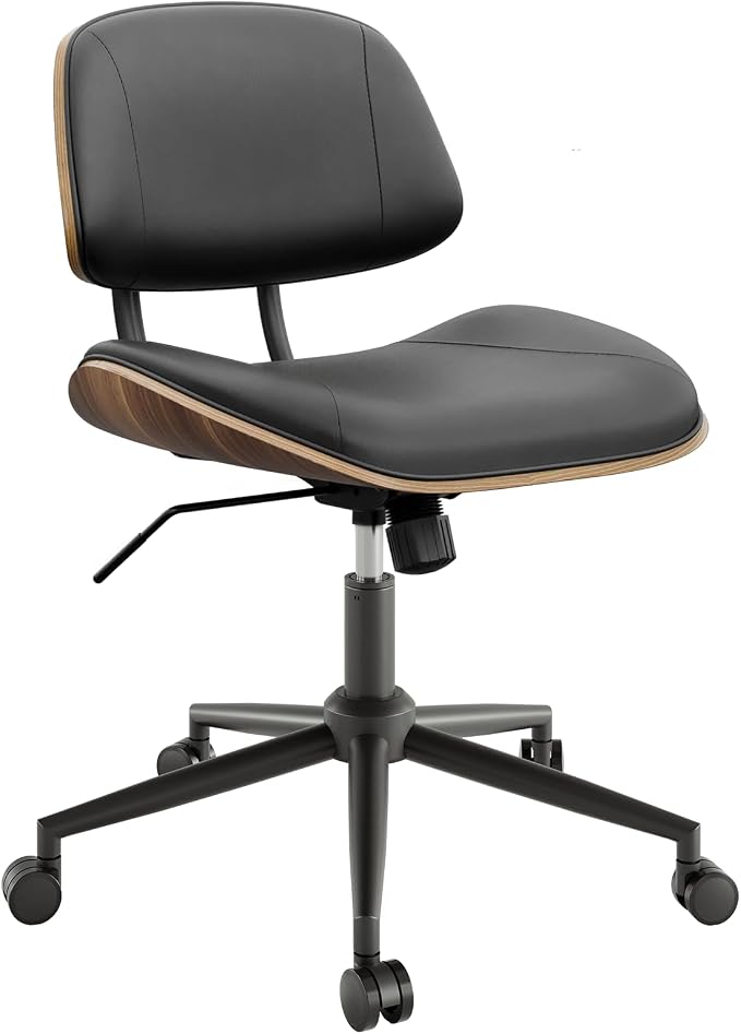 Armless Office Chair with Wheels, PU Leather Desk Chair, Black | Adjustable Height Task Chair, 360° Swivel Ergonomic Computer Chair for Small Space, Modern Walnut Style, Home & Meeting Room - Image 8