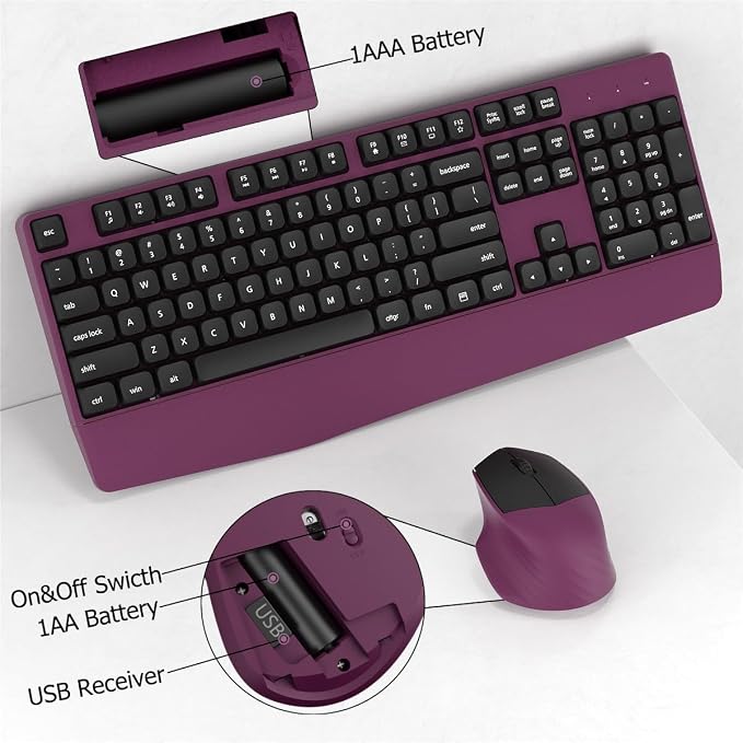 Ergonomic Wireless Keyboard and Mouse Combo with Wrist Rest, Black Burgundy | COVEVA Full Size Keyboard with 12 Dedicated Shortcuts, Smart Auto-Sleep, 2.4GHz Receiver, Natural Typing for PC Laptop - Image 6