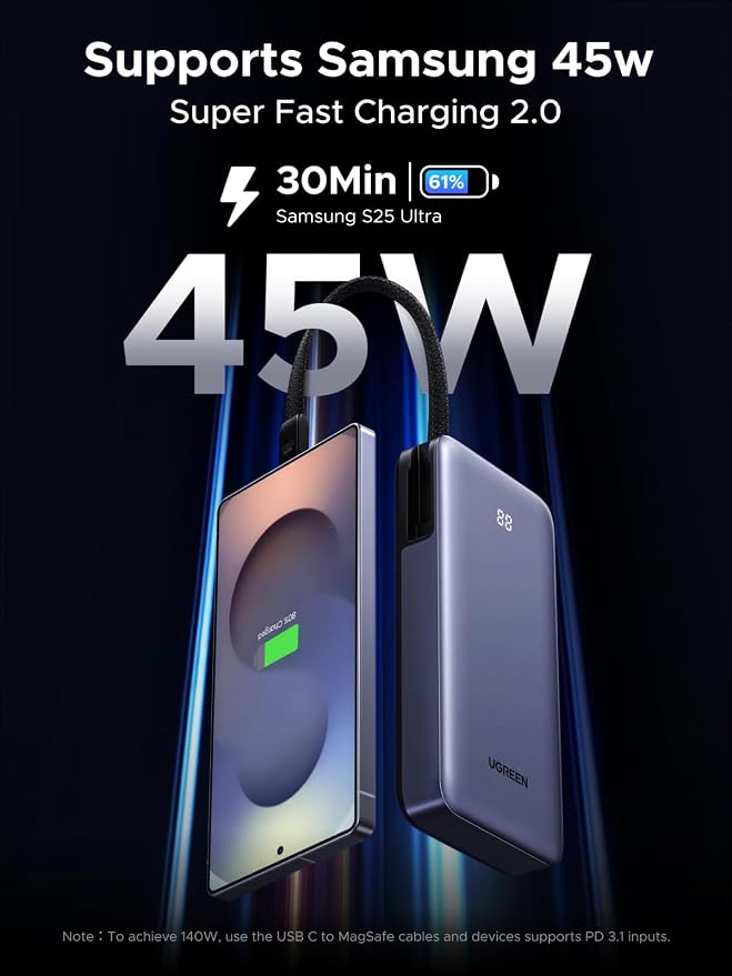 UGREEN Nexode 20000mAh 45W Power Bank, Built-in Cable for iPhone 17 Pro | Built-in USB-C cable, digital display, 3-port. Fast charges for iPhone 17 Pro, S26 Ultra, iPad Pro - Image 2