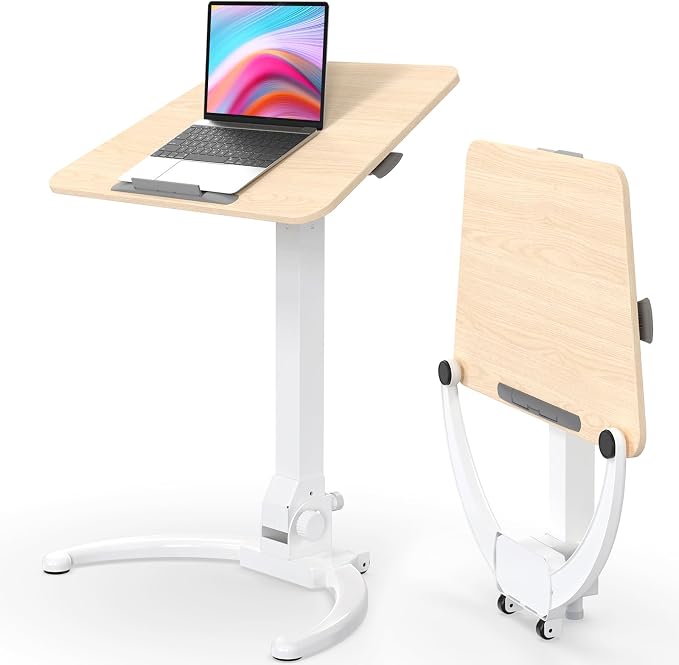 JOY worker Foldable Mobile Standing Desk, 90° Tilt Rolling Laptop Desk, Oak | Tiltable MDF Laptop Desk, Portable Cart with Hidden Wheels & Low Base, Collapsible for Storage, Holds 22lbs, Home Office by JOYworker