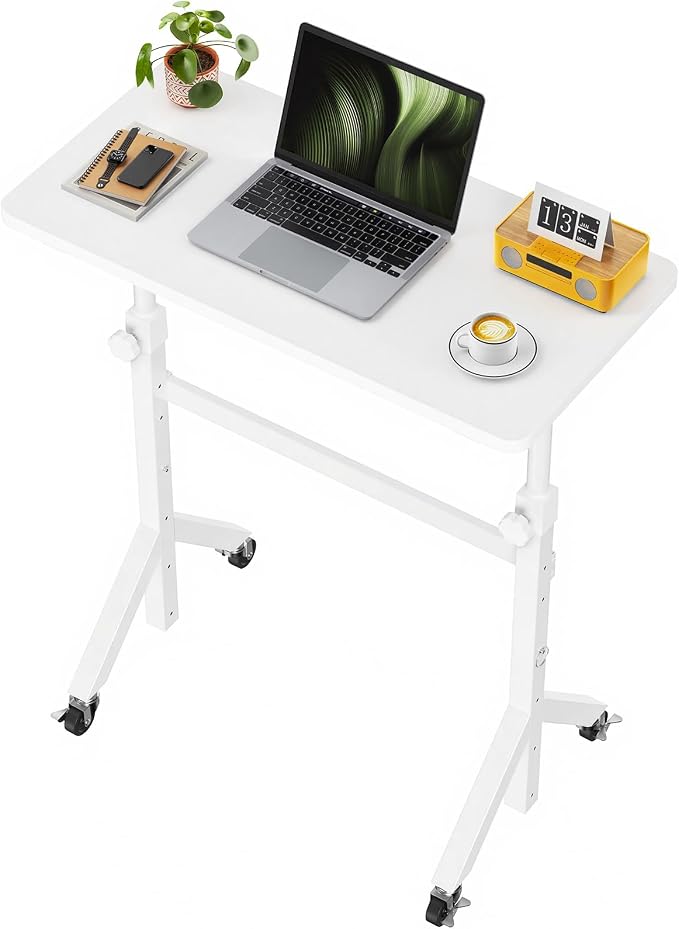 Marsail Mobile Stand Up Desk with Wheels, Adjustable Height Desk from 28.3″ to 46.5″, Rolling Standing Desk with Lockable Wheels, Portable Small Desk for Walking Pad and Treadmill, White by Marsail