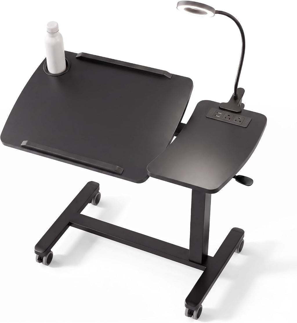 Overbed Table with Wheels Adjustable Height, Foldable Over Bed with 360° Swivel Tilt, Charging Station, LED Light, Rolling Bedside for Hospital, Couch Home & Office (Black) by HODEPRA