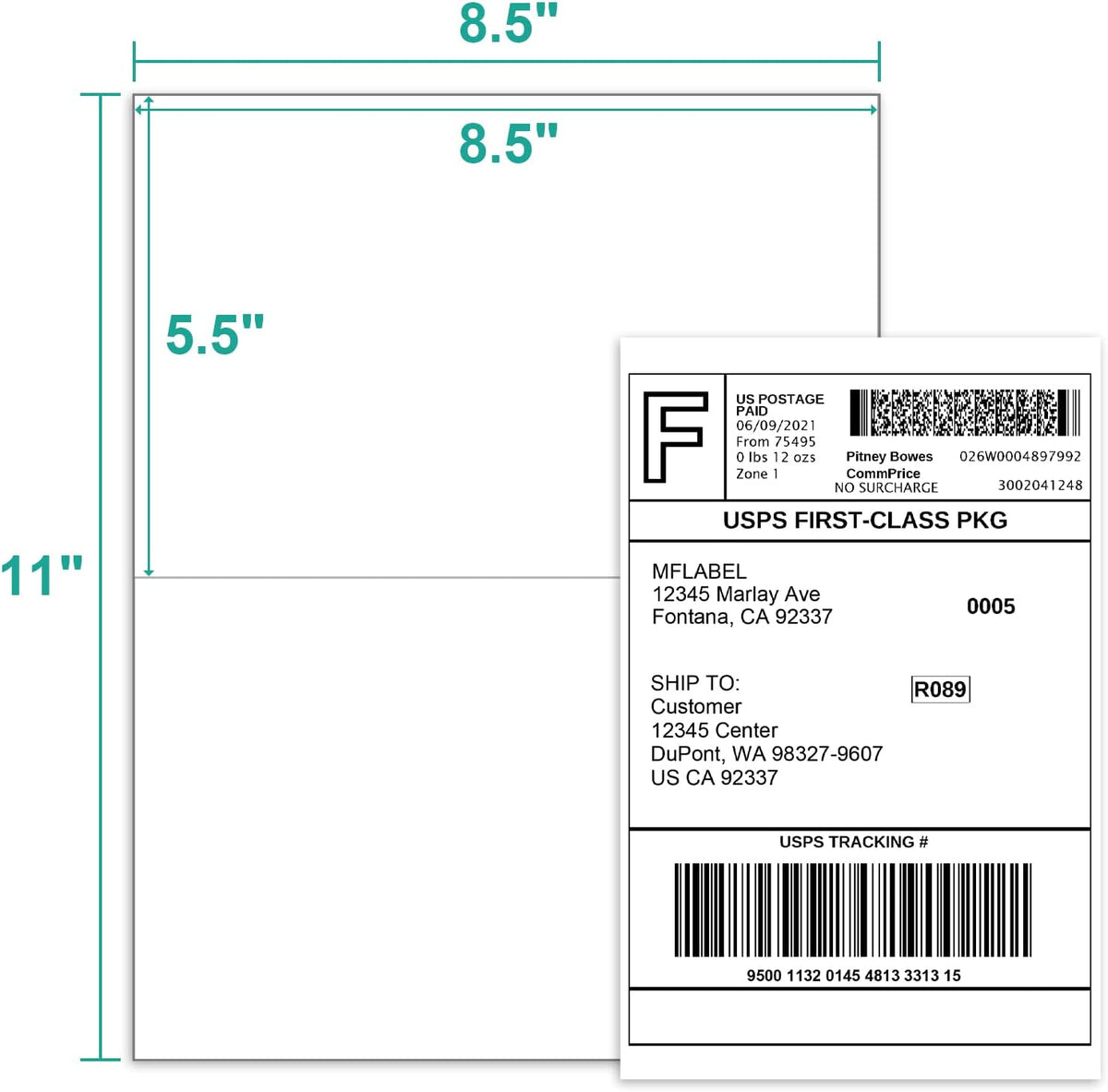 MFLABEL Half Sheet Shipping Labels (8.5" x 11") - 300 Self-Adhesive Labels for Laser/Inkjet Printers | 2-UP Design for FedEx, UPS, Amazon FBA | Matte Finish No-Jam Labels + 12 Free Fragile Stickers - Image 2