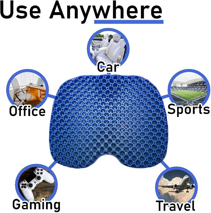 Blue Gel TPU Seat Cushion — Large Contoured Honeycomb Cooling Gel Cushion for Long Sitting, Pressure Relief for Tailbone & Sciatica, Non-Slip Washable Cover — 18.89 x 14.96 in - Image 5