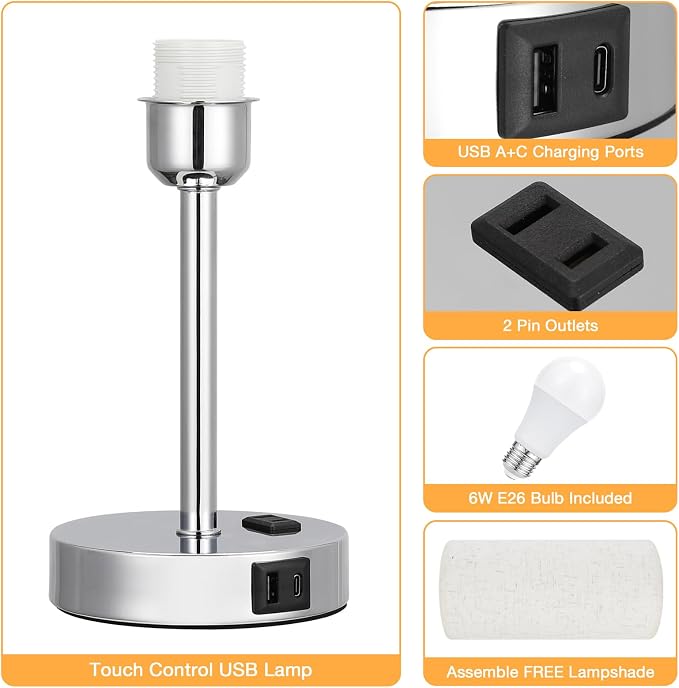 White Touch Table Lamp for Bedroom - Bedside Desk Lamp for Dorm Study | 17" Night Stand Lamp, USB A+C Ports, 3-Way Dimmable, LED Bulb Included, White Linen-Texture Shade, Sleek Silver Metal Baset - Image 6