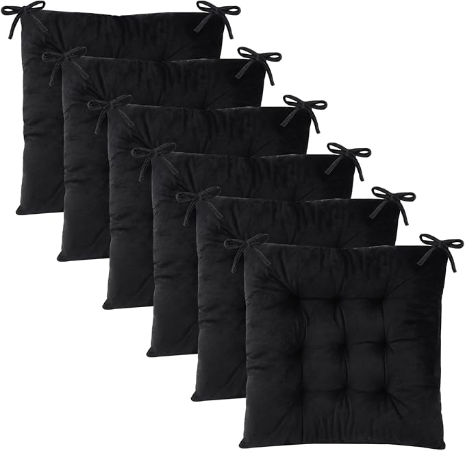 6 Pack Square Seat Cushion Chair Pads for Kitchen Dining Chairs, Soft Comfort Velvet Chair Mat Pillow Cushions with Ties for Office Desk Living Room Tatami 15.5", Black by MissSoul