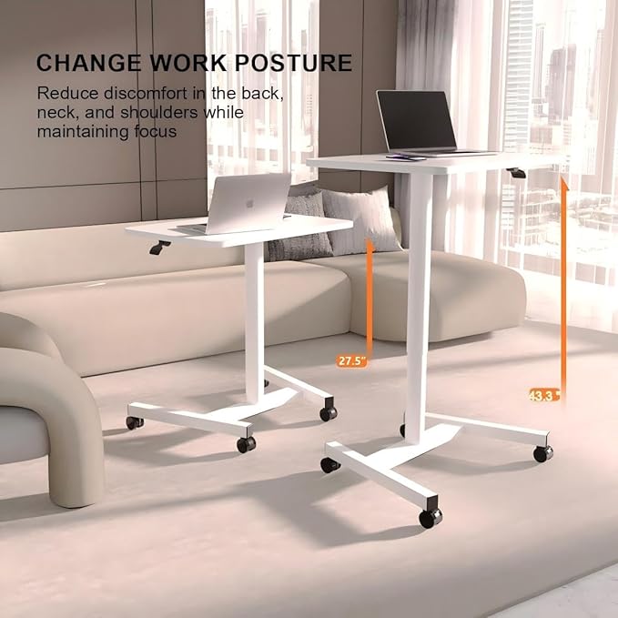 28-Inch Mobile Standing Desk, Computer Workstations with Cup Holder, Portable Standing Desk with Lockable Wheels, Rolling Table for Home Office Classroom Hospital (White) - Image 6