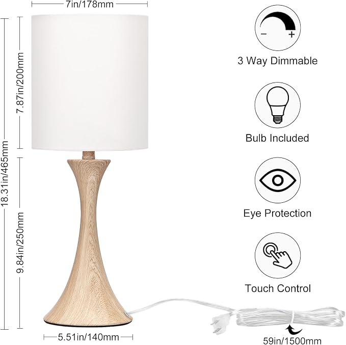 Dimmable Wood Grain Metal Table Lamp, 3 Way Touch Lamp with White Shade | Farmhouse Small Desk Lamp, Modern Nightstand Bedside Lamp for Living Room, Bedroom, Dorm, Office, 3000K LED Bulb Included - Image 2