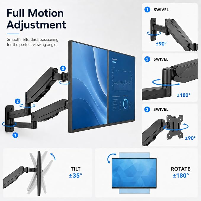 Mount-It! Dual Monitor Wall Mount Bracket - Double Computer Monitor Wall Mount With Two Height Adjustable Full Motion Arms Tilt up to 17" - 32" Inch Screens with 75, 100 VESA Patterns, 19.8 Lb Per Arm - Image 5