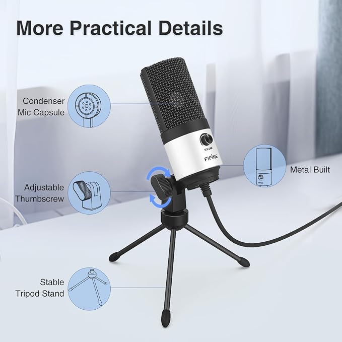 FIFINE K669 White USB Desktop Microphone for Recording, Online Meeting | Podcast Condenser Mic for Computer, Volume Knob, Metal Tripod Stand, Voice-Over, Vocals, Home Studio, YouTube - Image 5