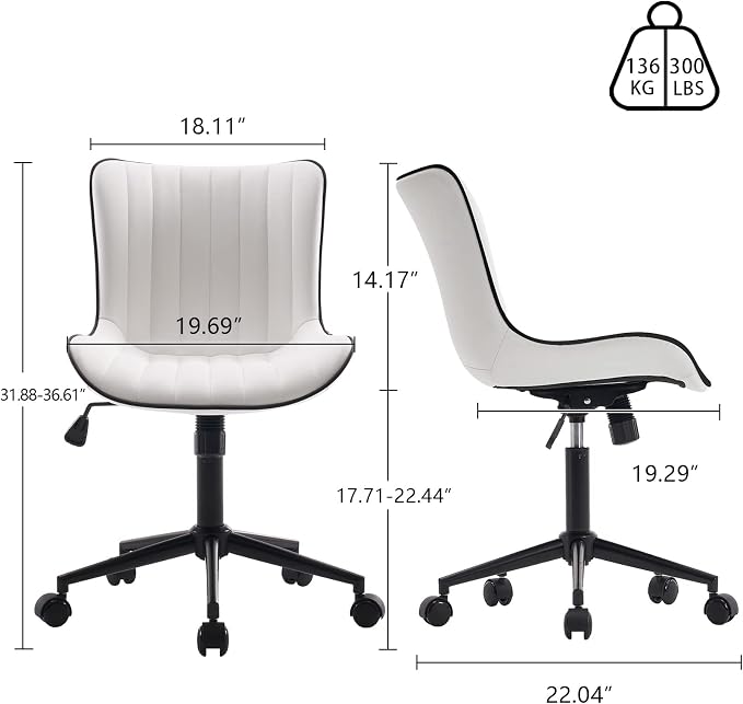 YOUNIKE Office Desk Chair with Wheels Armless Vanity Chair Modern White | Faux Leather Upholstered with Rocking Back, Swivel Height Adjustable Small Cute Computer Rolling Task Chair Ergonomic 300lb - Image 3