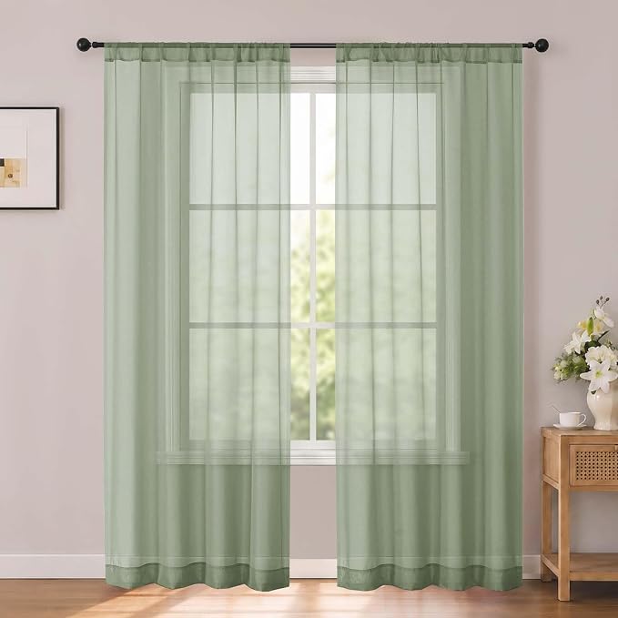 Sage Green Sheer Curtains 84 inches Long for Living Room 2 Panels | Sheer White Curtains for Bedroom, Rod Pocket Airy Light Filtering Window Treatments, 2pcs, Each Panel 42" Width x 84" Long by OWENIE
