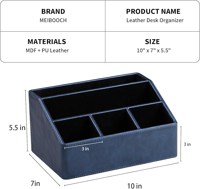 PU Leather Desk Organizer, Remote Control Holder, Dark Blue | Luxury Nightstand Organizer for Home, Office Desk Accessories, Bedside Table Caddy with 5 Compartments, Velvet Lining - Image 4
