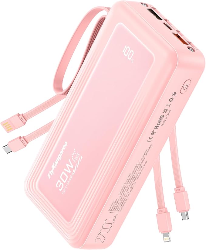 Portable Charger 27000mAh 30W Fast Charging Power Bank | Built-in Cables, LED Display, 6 Outputs & 2 Inputs, USB C Battery Pack, Compatible with iPhone, Samsung, Google by FlyKangaroo