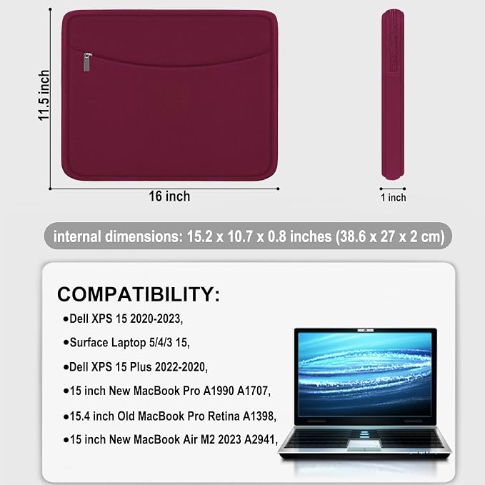 Laptop Sleeve 15.6 inch, Shockproof Protective Laptop Cover Briefcase Carrying Bag with Accessory Pocket, Portable Computer Case Compatible with MacBook, HP, Dell, Lenovo, Asus, Wine Red - Image 4
