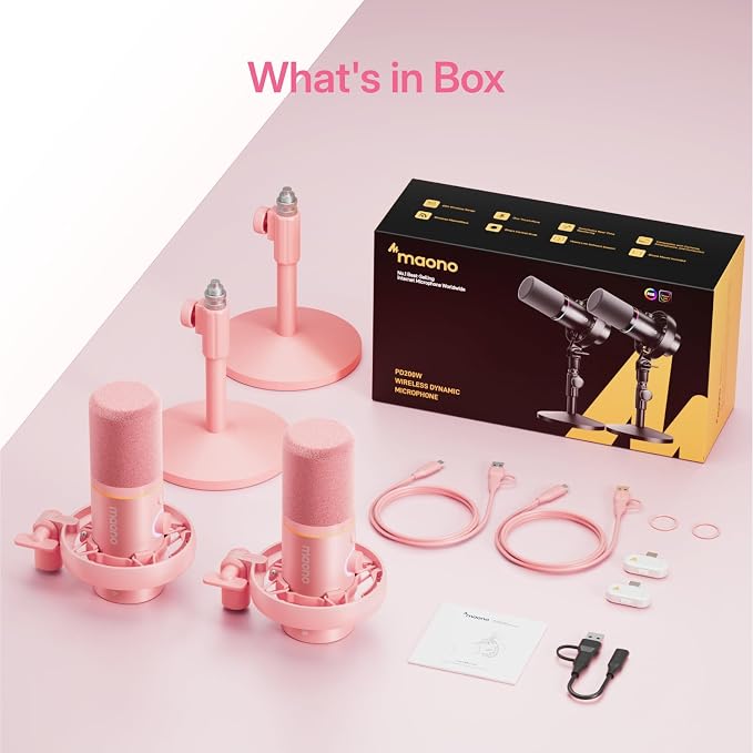 MAONO PD200W Hybrid Wireless Podcast Equipment Bundle for 2 | XLR USB Dynamic Microphone Kit with 2 Desktop Stand, Software, Noise Cancellation, for Co-hosted, Content Creation, Pink - Image 8