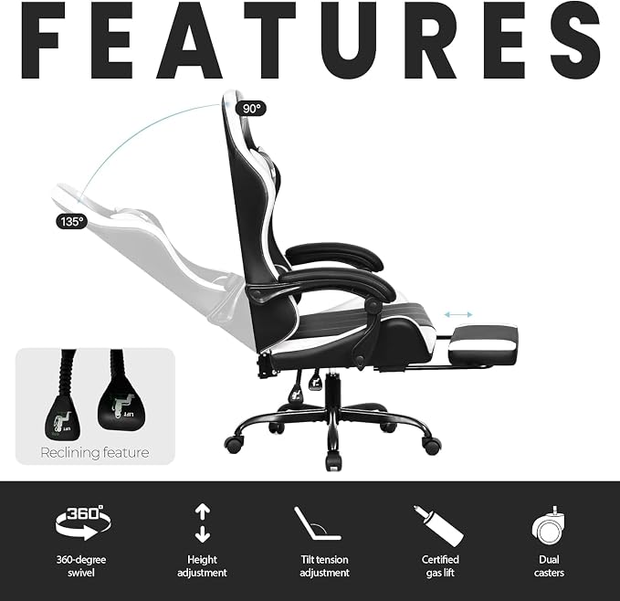 N-GEN GAMING Gaming Chair, Footrest, Lumbar, High-Back, White Black | Reclining Backrest, Linkage Armrests, Durable PU Leather, Adjustable Comfort for Extended Computer, Desk, or Home Office Use - Image 5