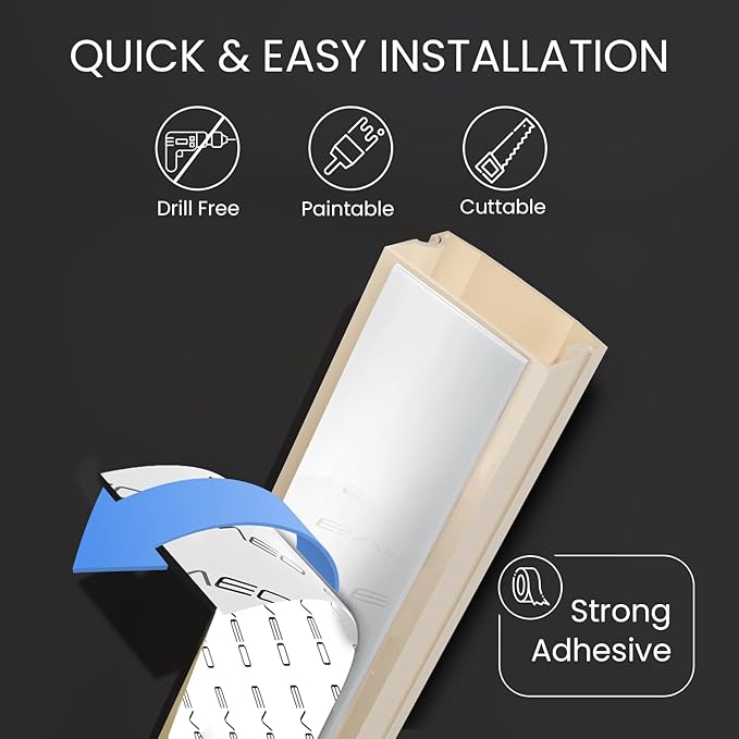 EVEO Cable Hider Wall 306” - Cable Raceway Cord Hider - Wire Covers for Cords on Wall, Cord Cover, Wall Cable Hider, Cable Concealer, Wire Hiders for TV on Wall - 20X (L16 W0.95 H0.5) - Medium | Beige - Image 2
