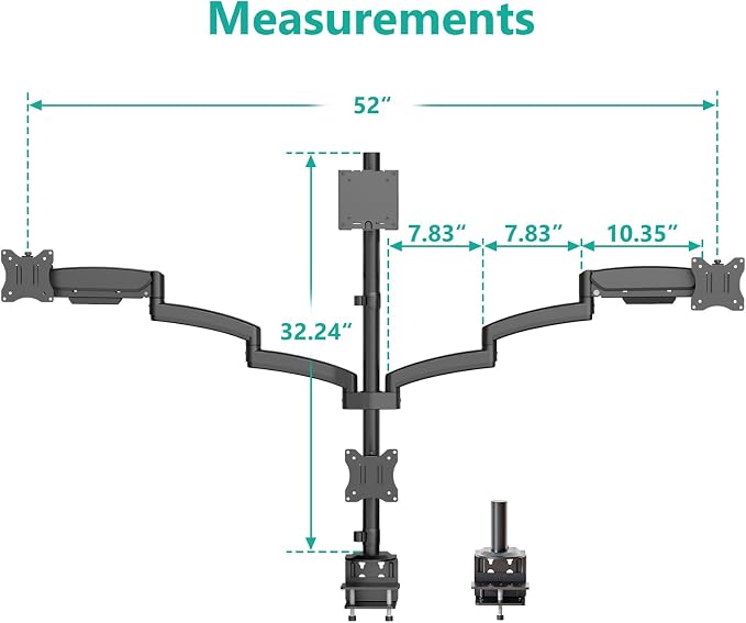 WALI Stacked 4 Monitor Mount for Max 49" UItrawides and Three 27" Monitors | Tall Quad Monitor Stand up to 44lbs, Full Motion with Tilt, Swivel, C-Clamp & Grommet Base, VESA 75/100mm (GSDM004S-P), Black - Image 7
