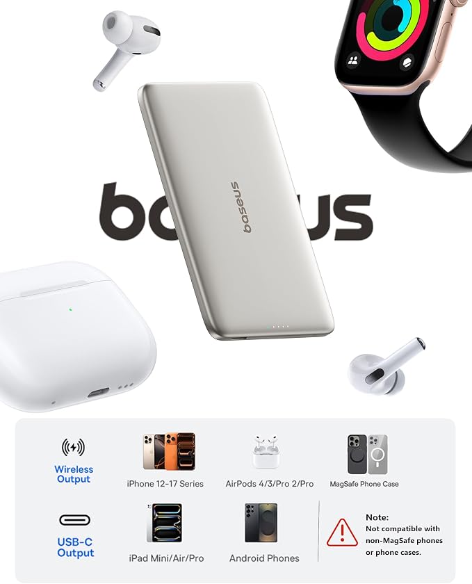 Baseus Picogo Power Bank, 0.3" Ultra Slim 5000mAh MagSafe Portable Charger, Card-Size Magnetic Battery Pack with USB-C Braided Cable, Alloy Wireless Charger for iPhone 17 Pro Max/17 Air/16/15/14/13/12 - Image 6