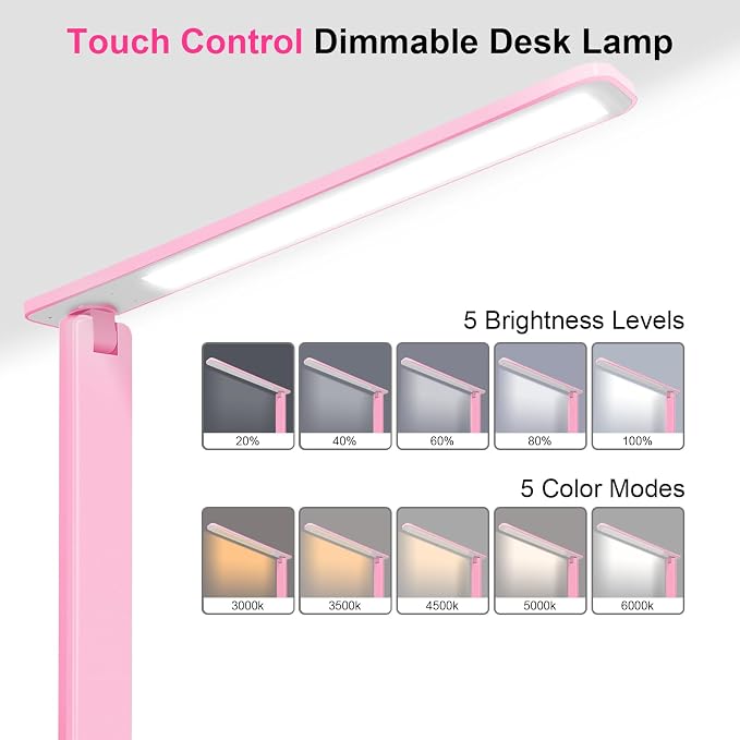 LED Desk Lamp for Office Home, Bright Desk Light with USB Charging Port, Adjustable Dimmable Desk Lamps 5 Modes 5 Brightness, Touch Study Lamp for Nail, Craft, Puzzle, Sewing, Study, Pink - Image 2