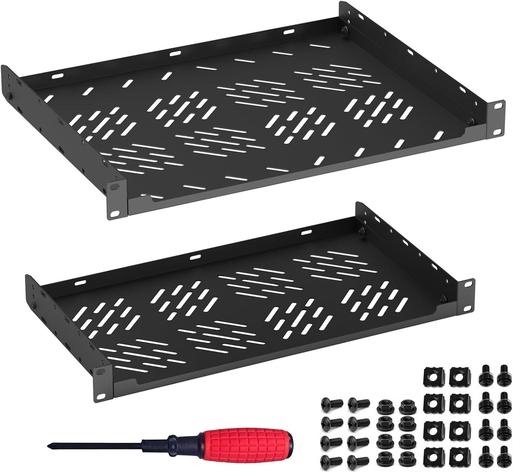 1U Rack Shelf,2 Pack Rack Mount Shelf with Removable Mounting Ears,19 Inch Server Rack Shelf for Network,Router&Audio Equipment,M5/M6 Hardware,Screwdriver by Tyrfing