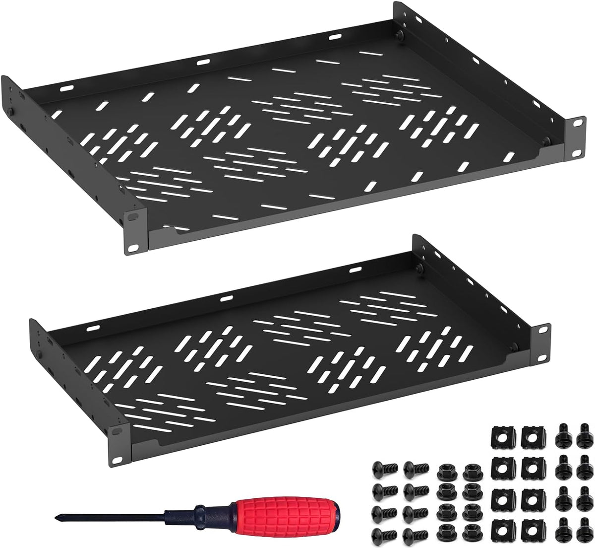1U Rack Shelf,2 Pack Rack Mount Shelf with Removable Mounting Ears,19 Inch Server Rack Shelf for Network,Router&Audio Equipment,M5/M6 Hardware,Screwdriver by Tyrfing