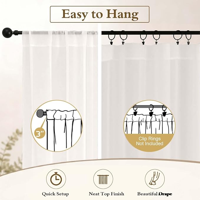 Ivory Sheer Curtains 63 Inch Length for Living Room 2 Panels Set | Light Filtering, Rod Pocket, Soft Airy Voile Sheer, Bedroom Window Treatments, Airy Soft Fabric,2 Pcs Each 42"W X 63"L - Image 6