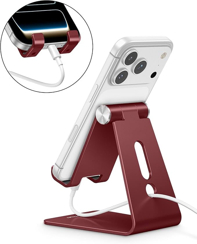 OMOTON C2 Adjustable Cell Phone Stand with Charging Cutout, Cherry Red | Sturdy 3mm Aluminum, Charging Port, 270° Adjustable, Non-Slip Silicone Pads, Works with Thick Cases, for All Smartphones - Image 6