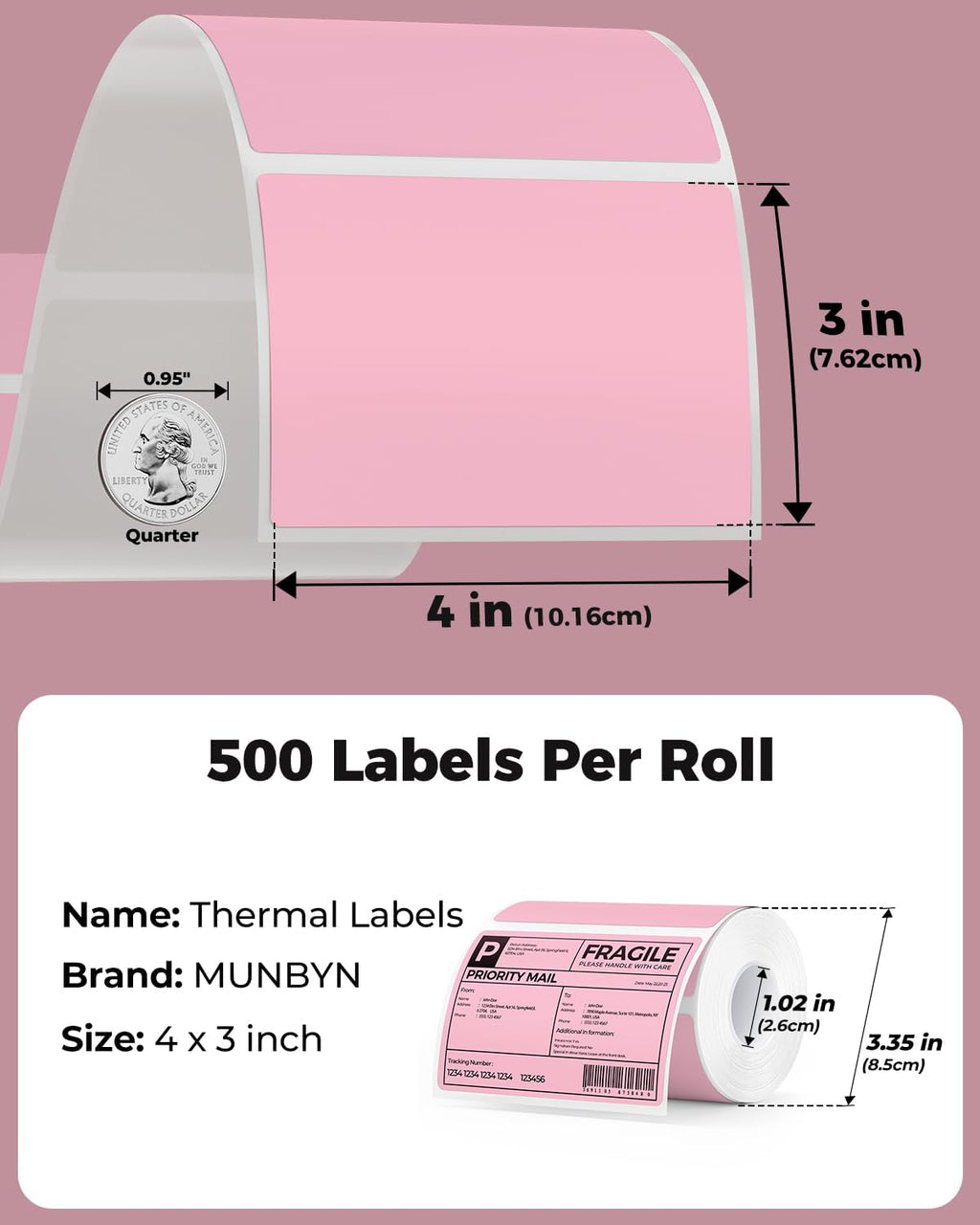 MUNBYN 4x3 Thermal Labels, 500 Sheets/1 Roll, Pink - Image 2