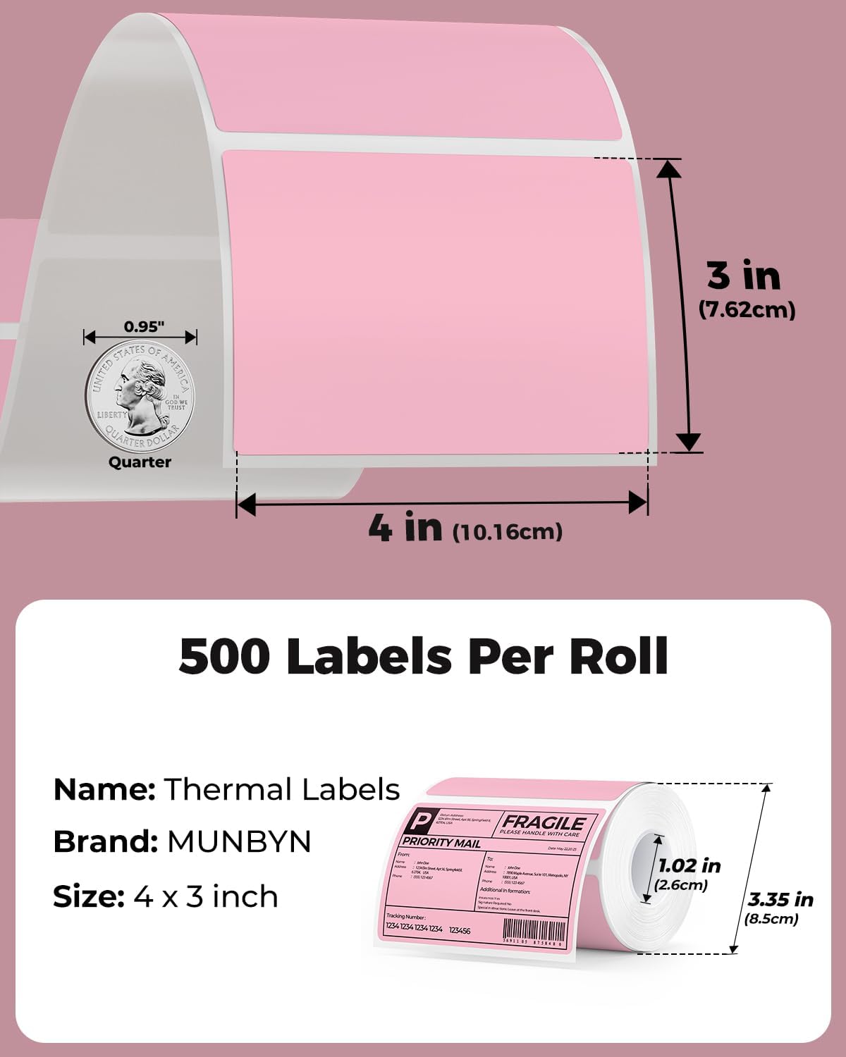 MUNBYN 4x3 Thermal Labels, 500 Sheets/1 Roll, Pink - Image 2
